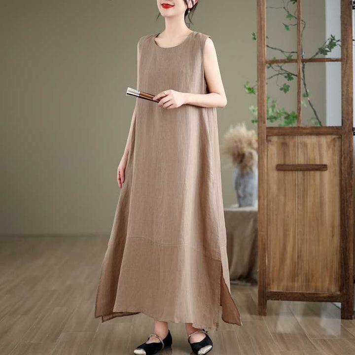 Vestido midi de lino y algodón sin mangas, liso, irregular, de primavera, con bolsillos, de Buddha Stones - image 1