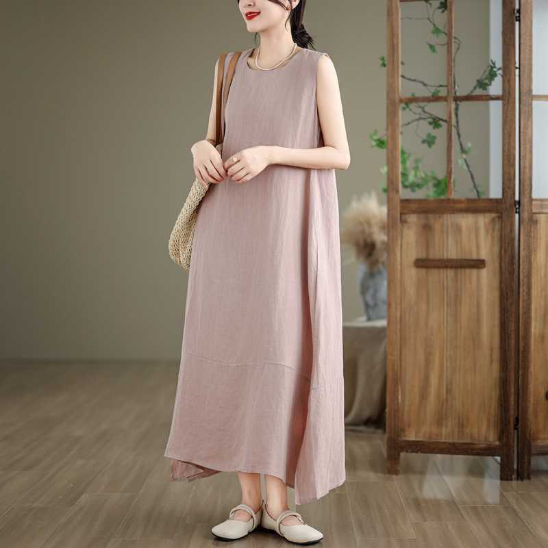 Vestido midi de lino y algodón sin mangas, liso, irregular, de primavera, con bolsillos, de Buddha Stones - image 18