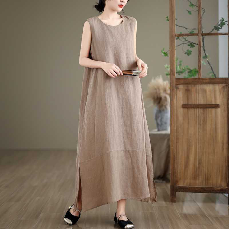 Vestido midi de lino y algodón sin mangas, liso, irregular, de primavera, con bolsillos, de Buddha Stones - image 4