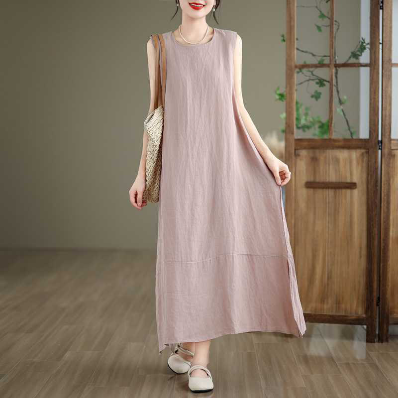 Vestido midi de lino y algodón sin mangas, liso, irregular, de primavera, con bolsillos, de Buddha Stones - image 19