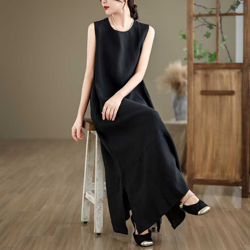 Vestido midi de lino y algodón sin mangas, liso, irregular, de primavera, con bolsillos, de Buddha Stones - image 15