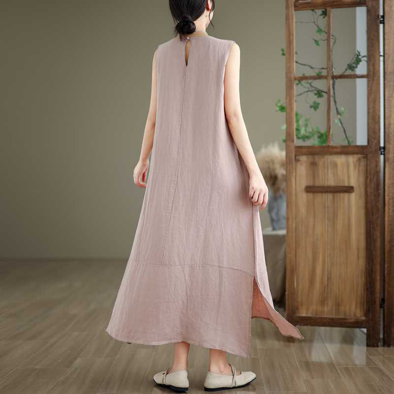 Vestido midi de lino y algodón sin mangas, liso, irregular, de primavera, con bolsillos, de Buddha Stones - image 20
