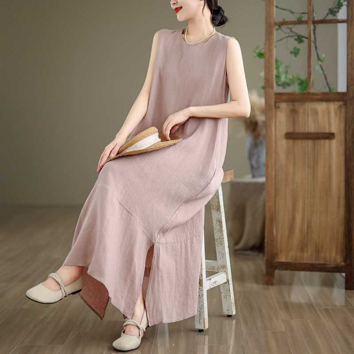 Vestido midi de lino y algodón sin mangas, liso, irregular, de primavera, con bolsillos, de Buddha Stones - image 21