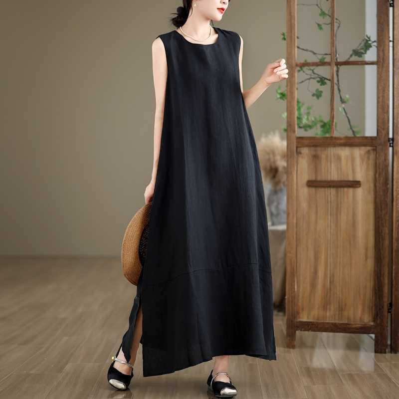 Vestido midi de lino y algodón sin mangas, liso, irregular, de primavera, con bolsillos, de Buddha Stones - image 12