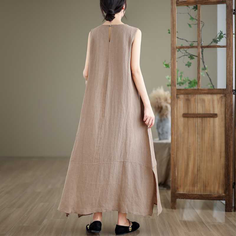 Vestido midi liso irregular sin mangas con bolsillos y Buddha Stones para primavera. - image 3
