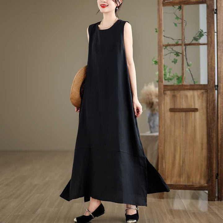 Vestido midi de lino y algodón sin mangas, liso, irregular, de primavera, con bolsillos, de Buddha Stones - image 11
