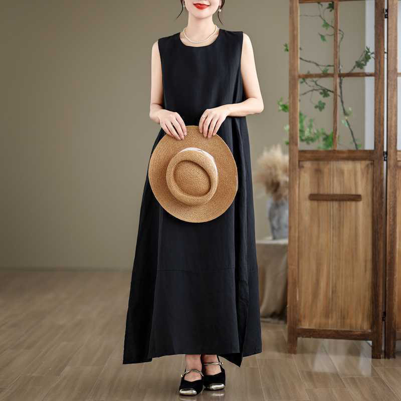 Vestido midi de lino y algodón sin mangas, liso, irregular, de primavera, con bolsillos, de Buddha Stones - Negro - US8-10，UK/AU12-14，EU40-42 (2XL) - image 10