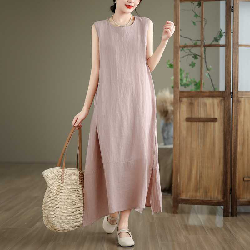 Vestido midi de lino y algodón sin mangas, liso, irregular, de primavera, con bolsillos, de Buddha Stones - Cardo - US8-10，UK/AU12-14，EU40-42 (2XL) - image 16
