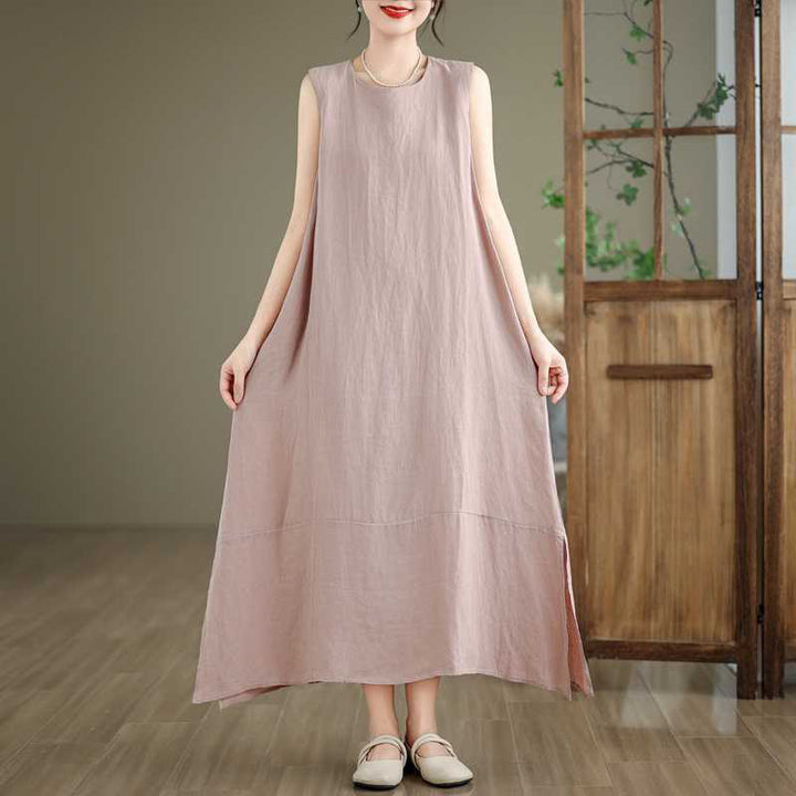 Vestido midi de lino y algodón sin mangas, liso, irregular, de primavera, con bolsillos, de Buddha Stones - image 17