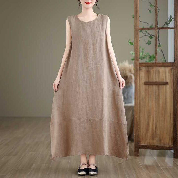 Vestido midi de lino y algodón sin mangas, liso, irregular, de primavera, con bolsillos, de Buddha Stones - image 2