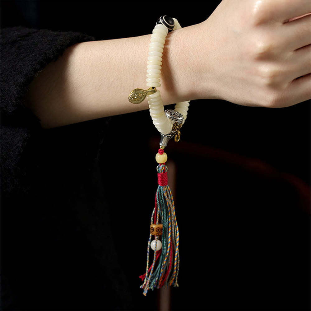 Pulsera Mala con borla de sabiduría y piedra de semilla de Bodhi blanca natural de Buddha Stones