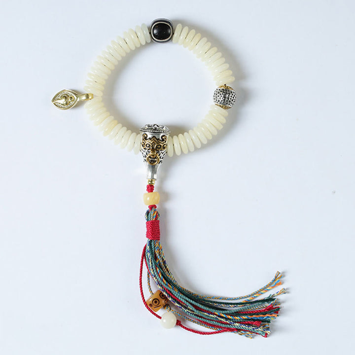 Pulsera Mala con borla de sabiduría y piedra de semilla de Bodhi blanca natural de Buddha Stones
