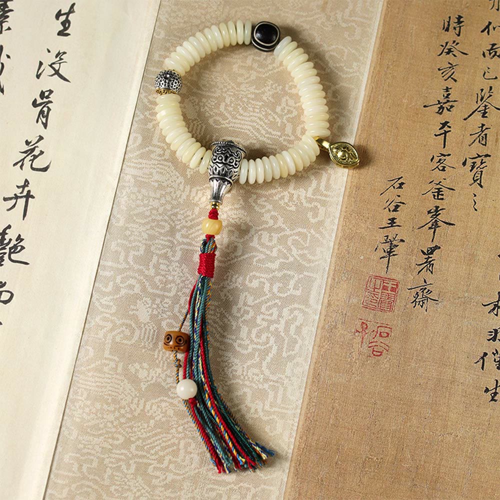 Pulsera Mala con borla de sabiduría y piedra de semilla de Bodhi blanca natural de Buddha Stones