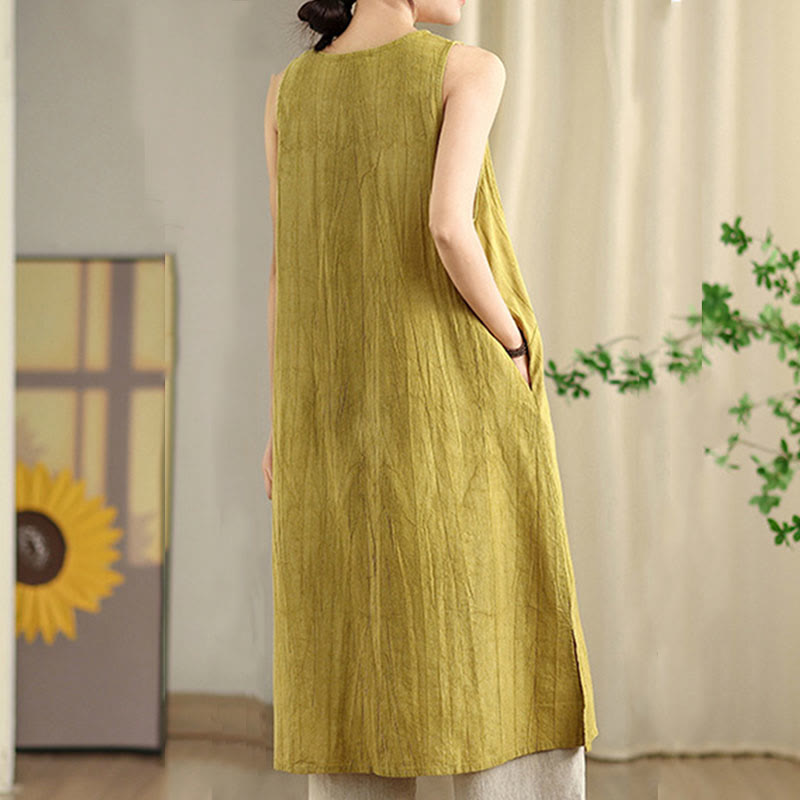 Vestido midi sin mangas de lino ramio con botones de rana y teñido anudado chino con Buddha Stones y bolsillos - image 7