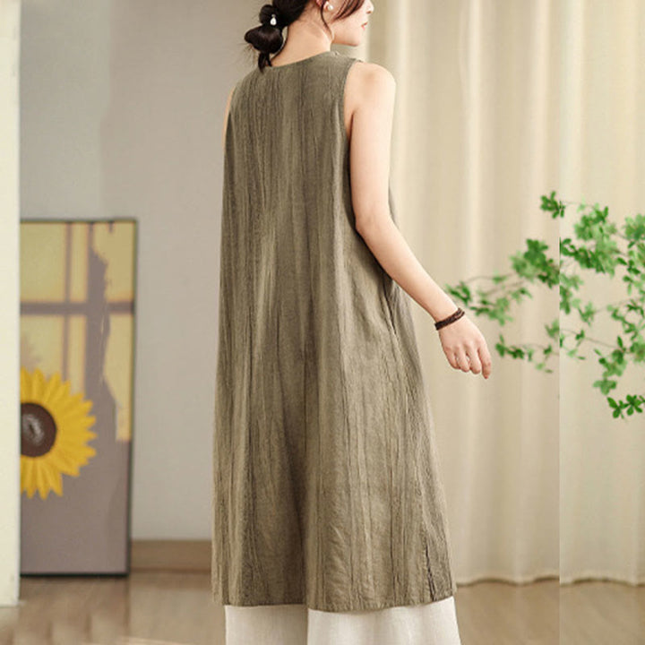 Vestido midi sin mangas de lino ramio con botones de rana y teñido anudado chino con Buddha Stones y bolsillos - image 12