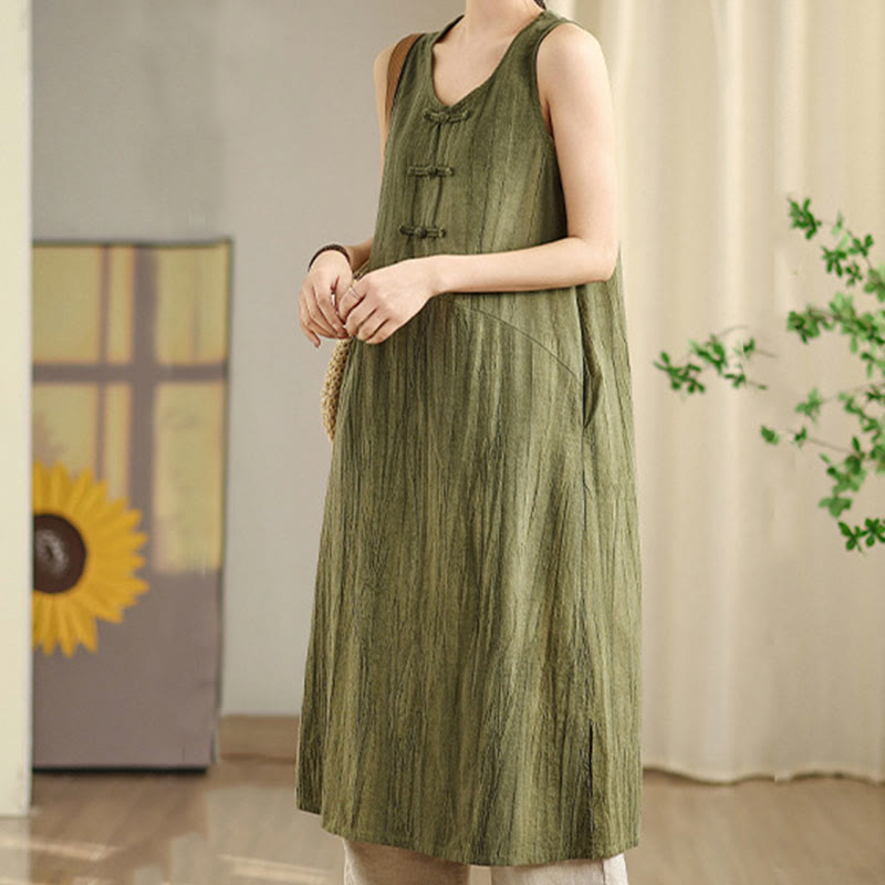 Vestido midi sin mangas de lino ramio con botones de rana y teñido anudado chino con Buddha Stones y bolsillos - image 1