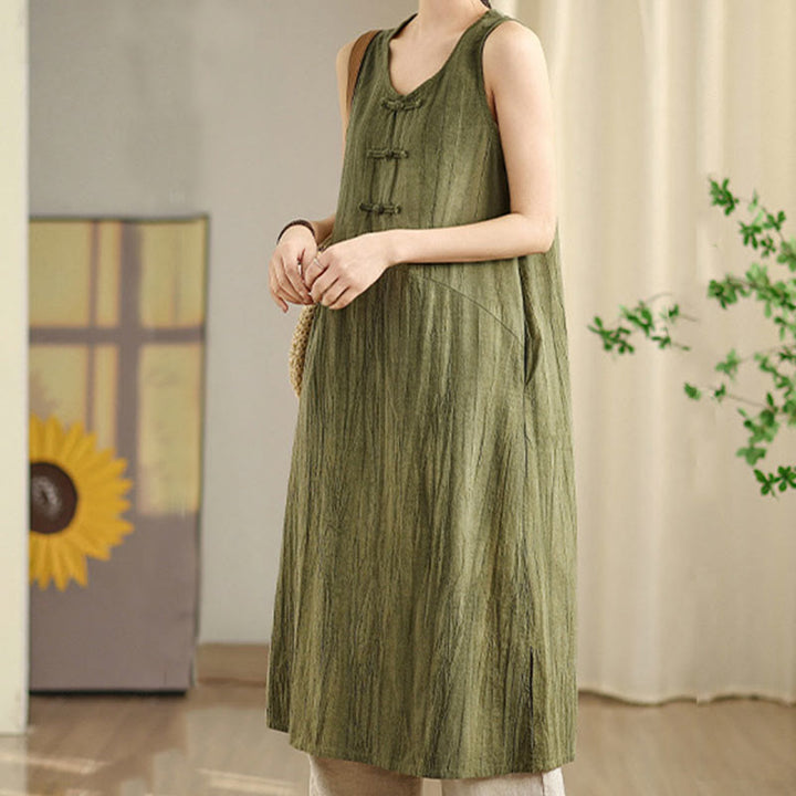 Vestido midi sin mangas de lino ramio con botones de rana y teñido anudado chino con Buddha Stones y bolsillos - image 1