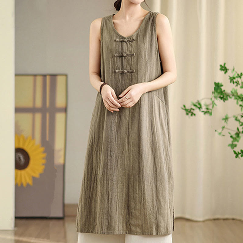 Vestido midi sin mangas de lino ramio con botones de rana y teñido anudado chino con Buddha Stones y bolsillos - image 10