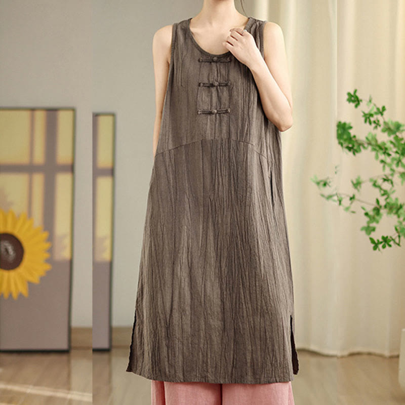Vestido midi sin mangas de lino ramio con botones de rana y teñido anudado chino con Buddha Stones y bolsillos - image 19