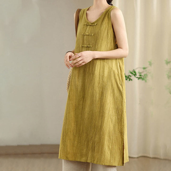 Vestido midi sin mangas de lino ramio con botones de rana y teñido anudado chino con Buddha Stones y bolsillos - image 6