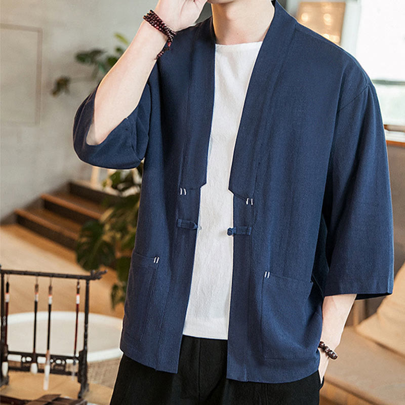 Chaqueta estilo kimono de lino y algodón con botones de rana para hombre, estilo chino, con Buddha Stones y mangas tres cuartos - image 1