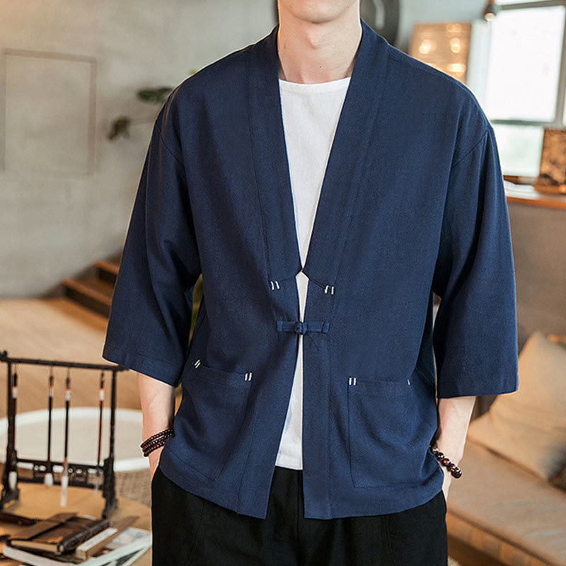 Chaqueta estilo kimono de lino y algodón con botones de rana para hombre, estilo chino, con Buddha Stones y mangas tres cuartos - Marina de guerra - US/UK/AU46, EU56 (5XL) - image 0