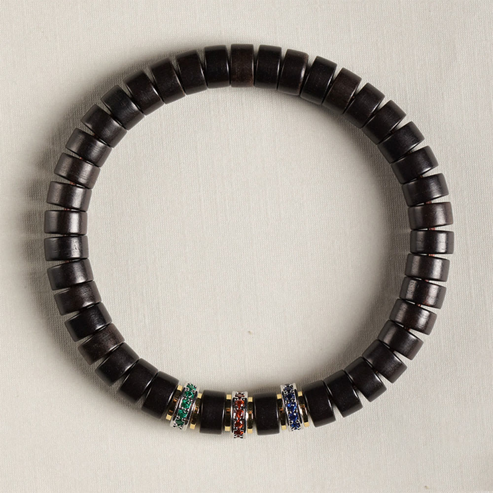 Pulsera de la paz con Buddha Stones, madera de ébano y sándalo rojo con hojas pequeñas y circonitas