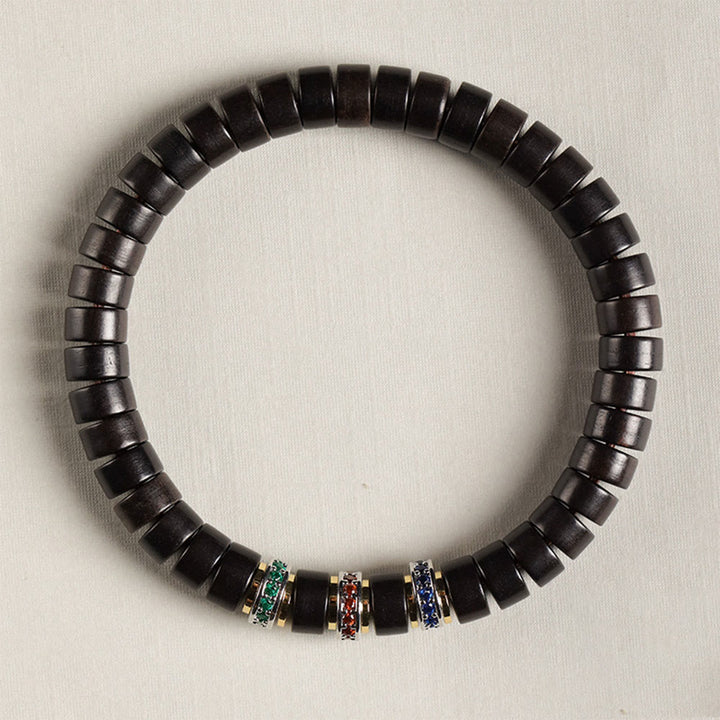 Pulsera de la paz con Buddha Stones, madera de ébano y sándalo rojo con hojas pequeñas y circonitas