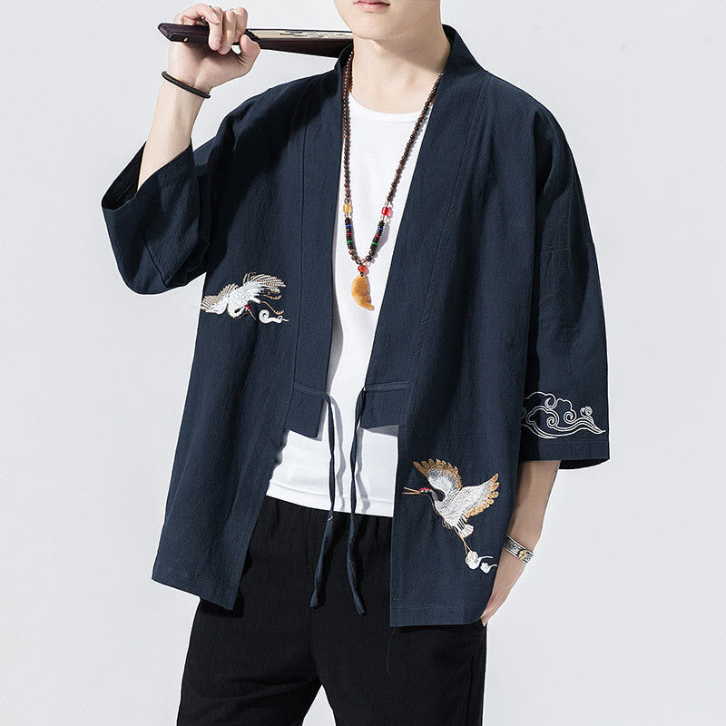 Chaqueta tipo kimono de algodón y lino con bordado de Buddha Stones y manga tres cuartos para hombre - Marina de guerra - US/UK/AU46, EU56 (5XL) - image 0