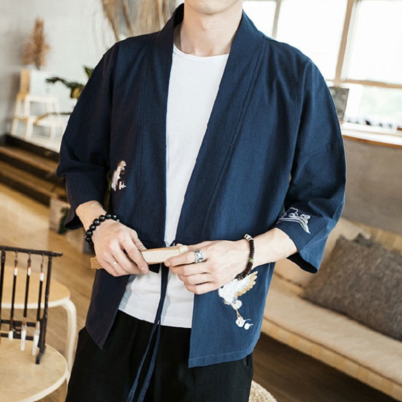 Chaqueta de hombre con bordado de Buddha Stones y frente abierto, estilo kimono de manga tres cuartos. - image 1