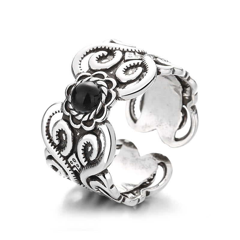 Anillo de la fortuna ajustable con diseño mongol de cobre y ónix negro y Buddha Stones