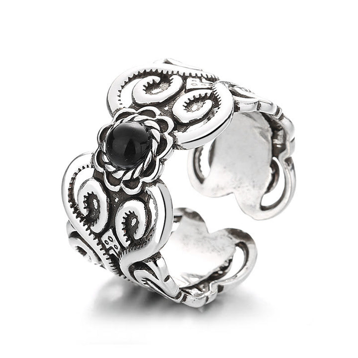 Anillo de la fortuna ajustable con diseño mongol de cobre y ónix negro y Buddha Stones
