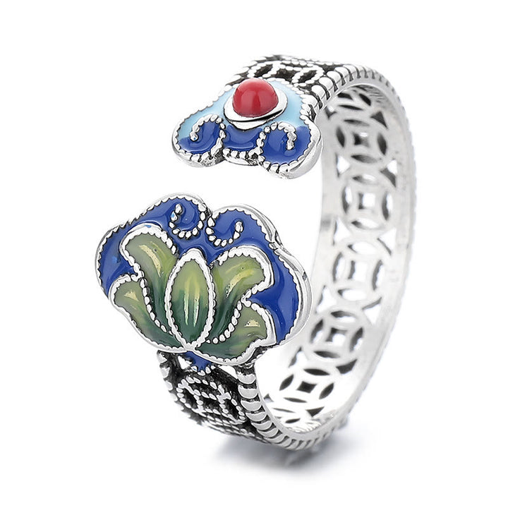 Anillo ajustable con diseño de flor de loto, monedas de cobre y piedras de Buddha Stones con mango de Ruyi.