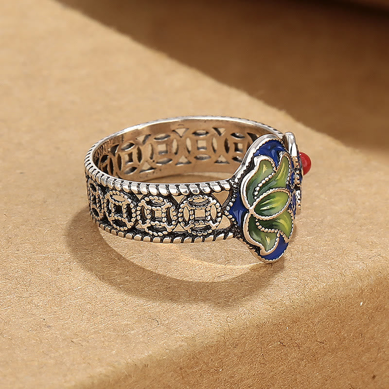 Anillo ajustable con diseño de flor de loto, monedas de cobre y piedras de Buddha Stones con mango de Ruyi.