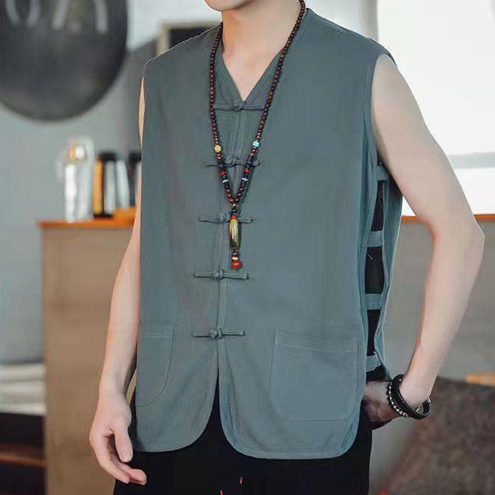 Chaleco informal de algodón con botones de rana chinos y bolsillos para hombre con Buddha Stones