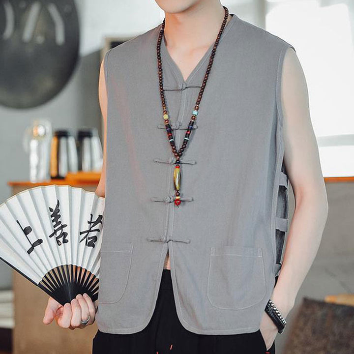 Chaleco informal de algodón con botones de rana chinos y bolsillos para hombre con Buddha Stones