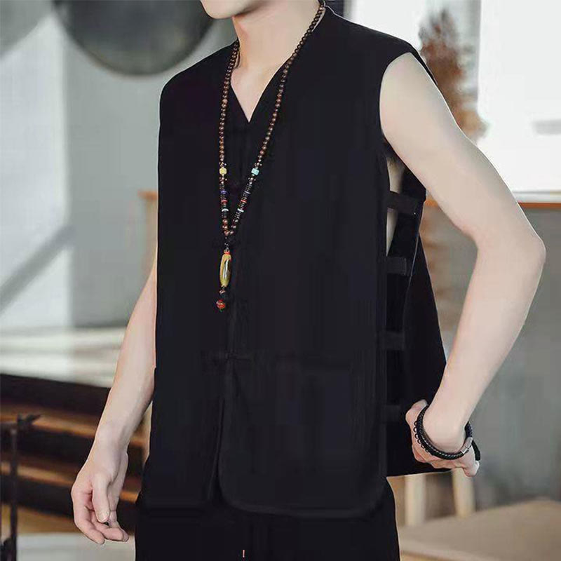 Chaleco informal chino para hombre con estampado de Buddha Stones, botones de rana y bolsillos. - Negro - US/UK/AU46, EU56 (5XL) - image 8