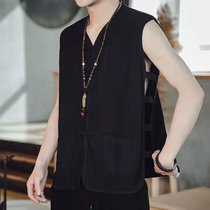 Chaleco informal chino para hombre con estampado de Buddha Stones, botones de rana y bolsillos. - Negro - US/UK/AU46, EU56 (5XL) - image 8
