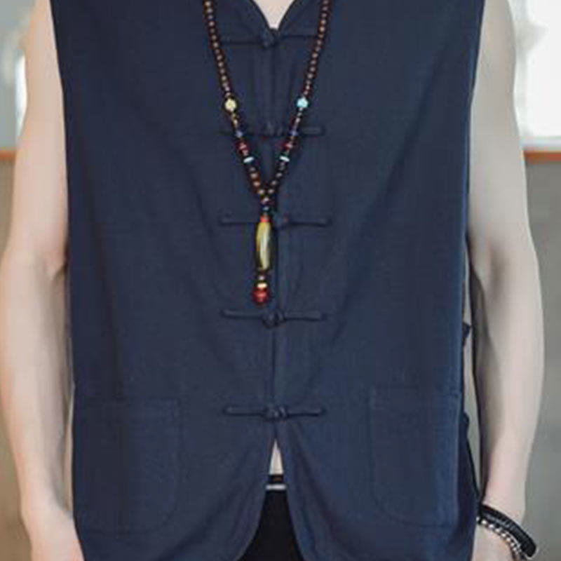 Chaleco informal de algodón con botones de rana chinos y bolsillos para hombre con Buddha Stones