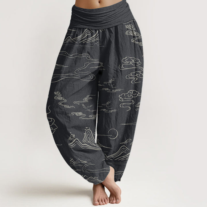 Pantalones harén de algodón puro con diseño de Buddha Stones, montaña, luna y nubes auspiciosas para mujer, con cintura elástica