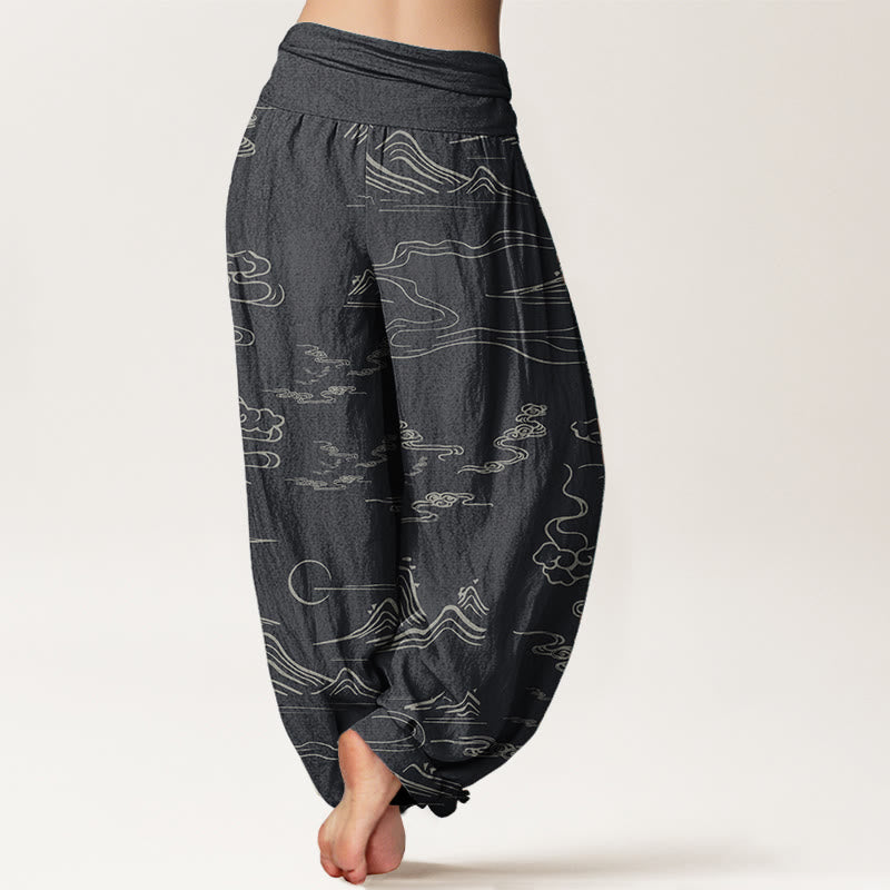 Pantalones harén de algodón puro con diseño de Buddha Stones, montaña, luna y nubes auspiciosas para mujer, con cintura elástica