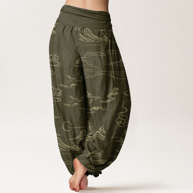Pantalones harén de algodón puro con diseño de Buddha Stones, montaña, luna y nubes auspiciosas para mujer, con cintura elástica