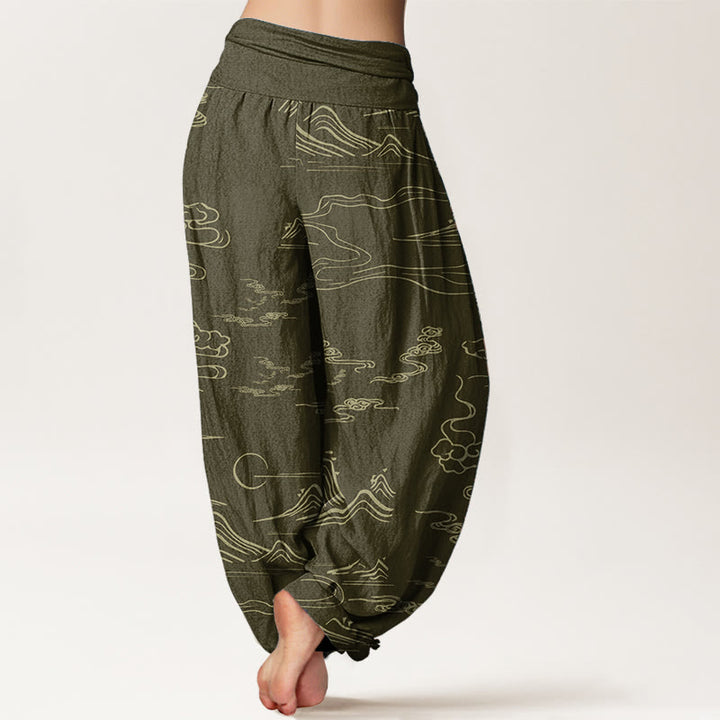 Pantalones harén de algodón puro con diseño de Buddha Stones, montaña, luna y nubes auspiciosas para mujer, con cintura elástica