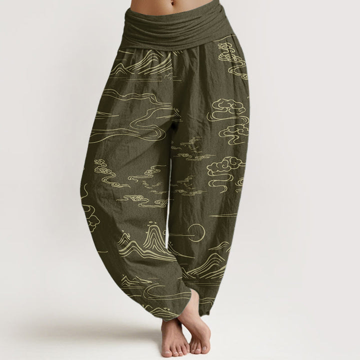 Pantalones harén de algodón puro con diseño de Buddha Stones, montaña, luna y nubes auspiciosas para mujer, con cintura elástica - Caqui oscuro - US22，UK/AU26，EU54 (6XL) - image 5