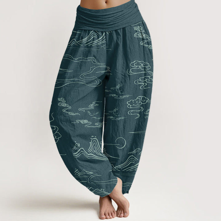 Pantalones harén de algodón puro con diseño de Buddha Stones, montaña, luna y nubes auspiciosas para mujer, con cintura elástica