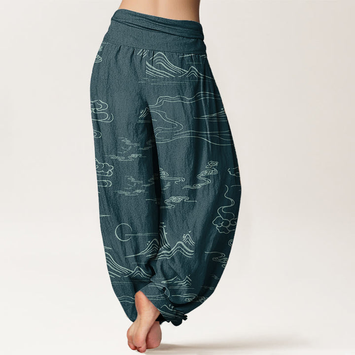 Pantalones harén de algodón puro con diseño de Buddha Stones, montaña, luna y nubes auspiciosas para mujer, con cintura elástica