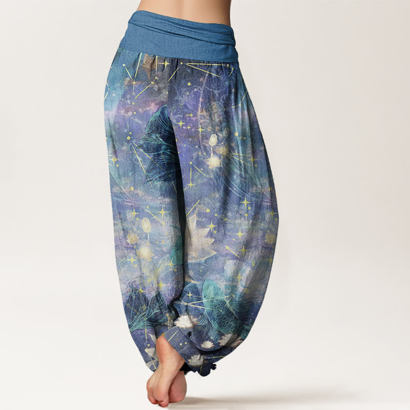 Pantalones Buddha Stones de algodón puro con estampado de peces koi, loto, luna y estrellas para mujer, con cintura elástica - image 1