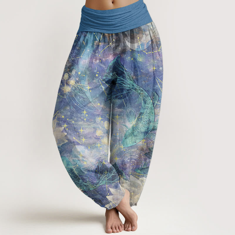Pantalones Buddha Stones de algodón puro con estampado de peces koi, loto, luna y estrellas para mujer, con cintura elástica - Azul celeste claro - US22，UK/AU26，EU54 (6XL) - image 0
