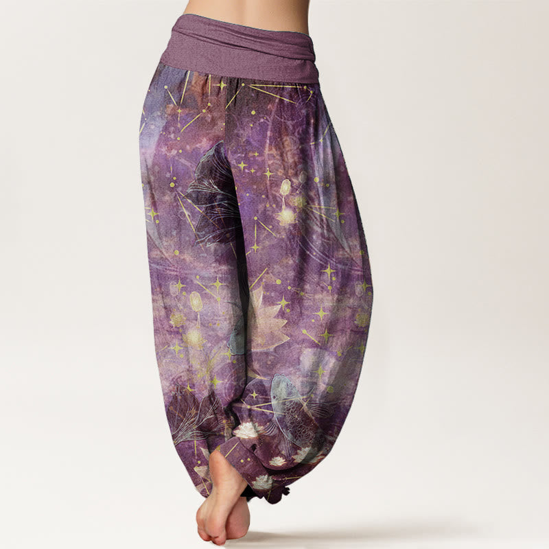 Pantalones Buddha Stones de algodón puro con estampado de peces koi, loto, luna y estrellas para mujer, con cintura elástica