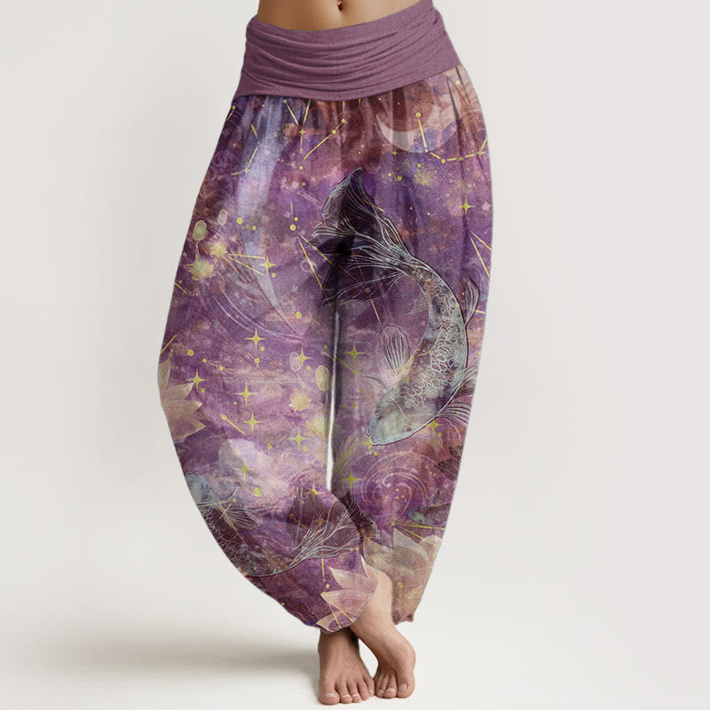 Pantalones Buddha Stones de algodón puro con estampado de peces koi, loto, luna y estrellas para mujer, con cintura elástica